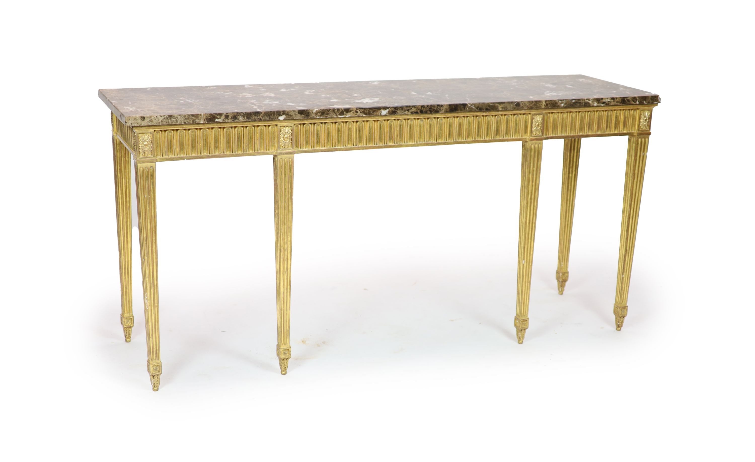 An Adam style giltwood marble topped console table, length 187cm, depth 54cm, height 90cm